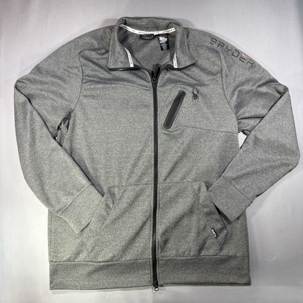 Spyder Active Jacket Mens XL Gray ProWeb Full Zip Pocket Heather Fleece Logo EUC